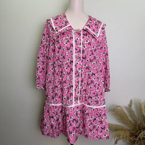 Wenrine Size XS Pink Floral Button Up Collared 3/4 Sleeve Mini Dress NWT